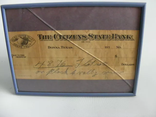 Vintage1930's The Citizens State Bank Donna Texas Check Flat Note