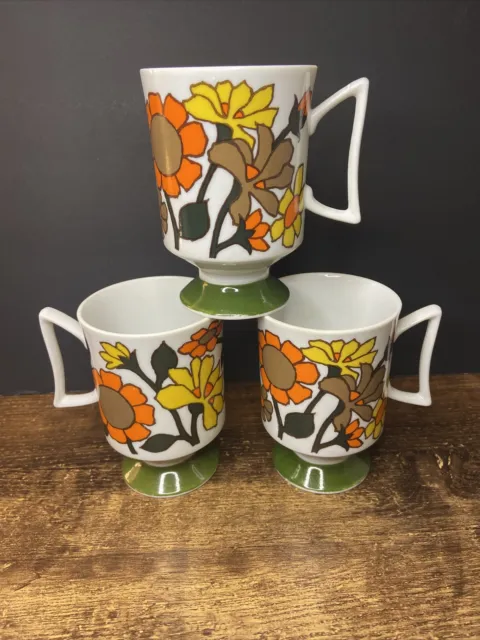 Vintage Retro MCM 3 Orange & Yellow Floral Pedestal Coffee Mugs Stackable 8 oz