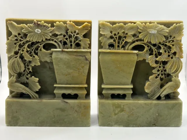 Pair Antique Bookends Chinese Carved Soapstone Birds Floral Vase Asian Beautiful