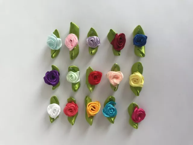 SMALL MINI SATIN RIBBON ROSE BUDS FLOWERS **UK SELLER** Various Colours