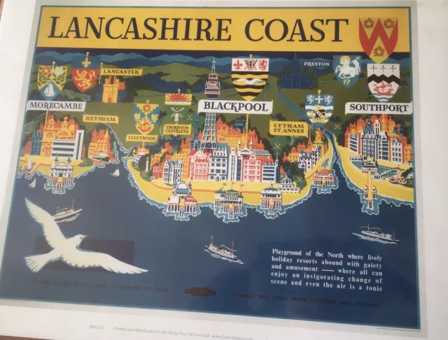 A3 Vintage Lancashire Coast Print British Railways Morecambe Blackpool