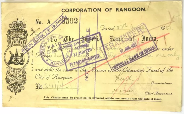 Corporation of Rangoon The Imperial Bank of India Cheque 1951 (W1)