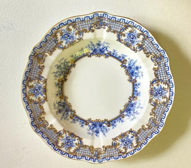 Set 12 Royal Crown Derby blue&white floral,lace,gold accents soup bowl, ca.1889