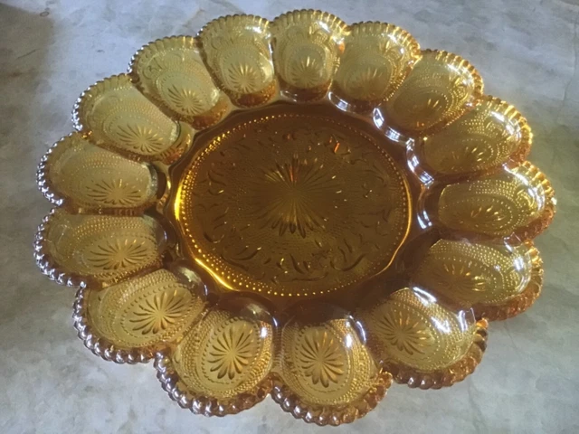 Brockway Glass Co. American Concord Amber Deviled Egg Dish Scrolls & Starburst