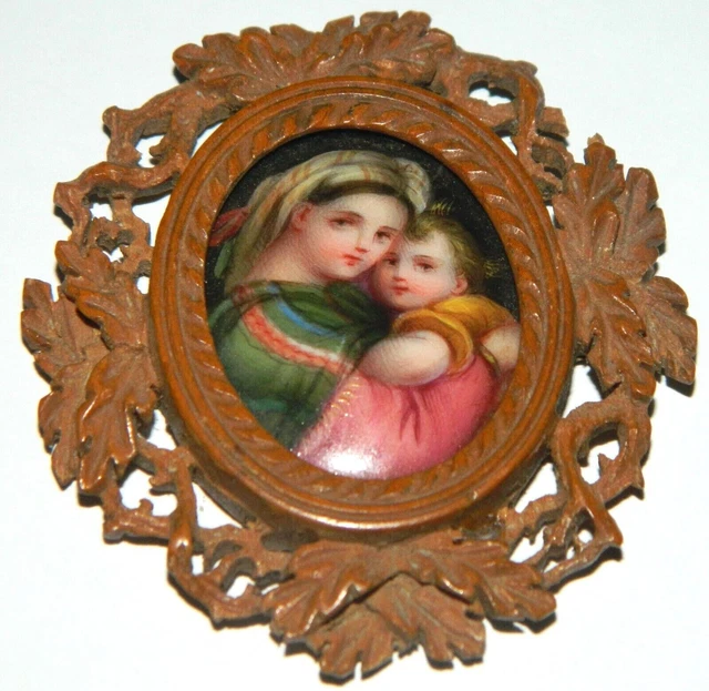 19Th Antique Vintage Madonna & child Enamel Painting Miniature Wood Frame