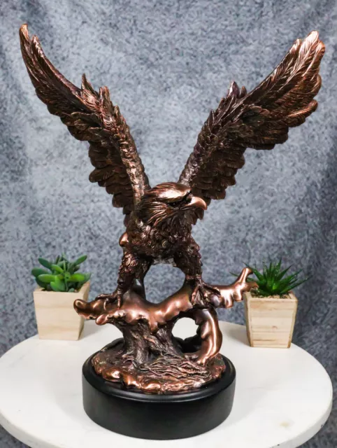 Majestic Bald Eagle With Open Wings Perching On Tree Branch Statue With Base