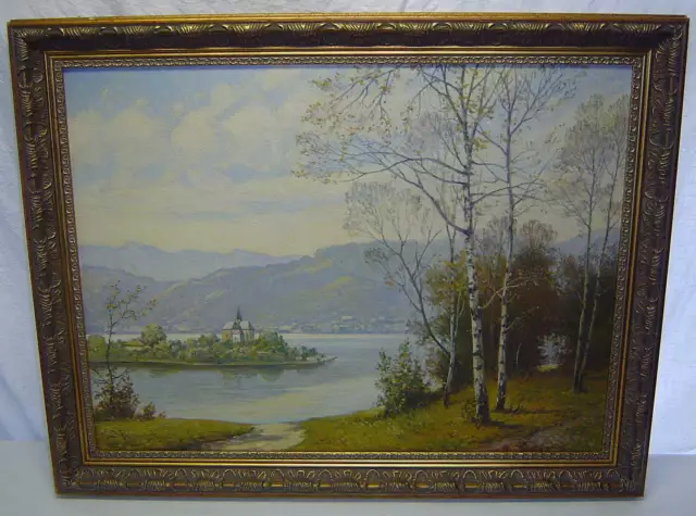 Original Oil Canvas Painting Austria Lake Woerth Worthersee Signed Rosendorf Vtg