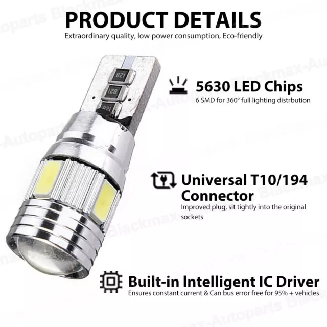 T10 Car 501 Bulb Led Side Light Bulbs Canbus Error Free 6 Smd Xenon W5W 2