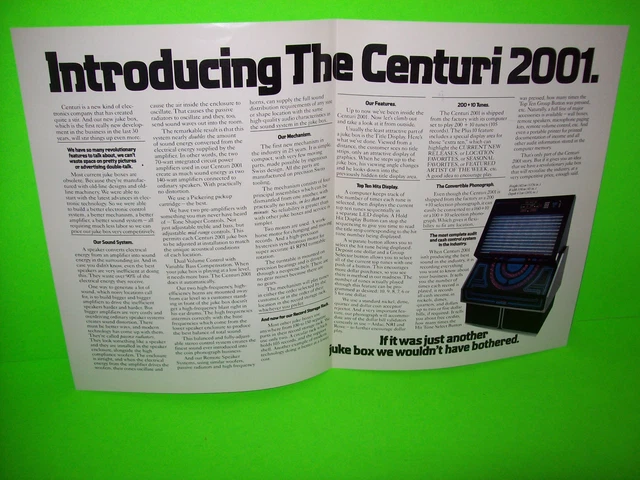2001 Centuri 1981 Original Jukebox  Phonograph Promotional Flyer Brochure