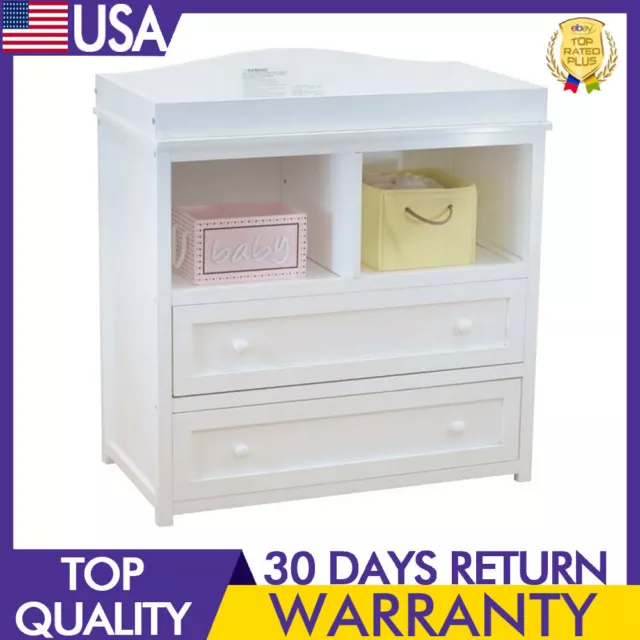 2-Drawer Changing Table 2 Shelves W/Wall Safety Strap Non-Slip Wood White Unisex