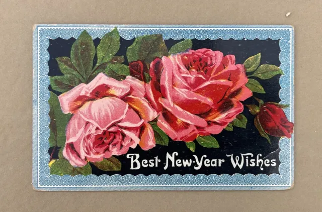 Antique Postcard - Best New Year Wishes - Red & Pink Roses