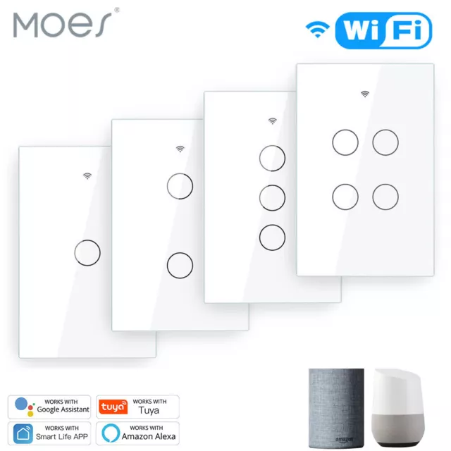 MOES 1/2/3/4 Gang WiFi RF Smart Light Switch Wall Glass Touch Alexa Google APP