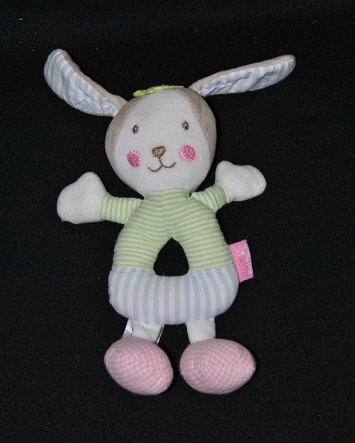 Peluche Doudou Lapin BABYSUN Chien Blanc Vert Bleu Rose Rayures Hochet 18Cm TTBE