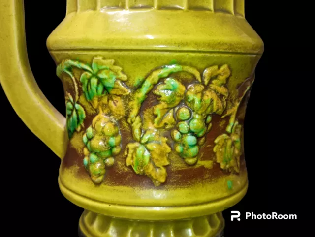 Vintage Majolica French Green Glazed Wine Pitcher Jug With Vine Pattern 7" Japan 2