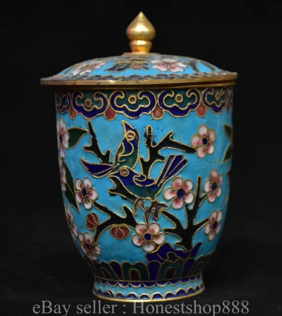 4.4" Old Chinese Copper Cloisonne Dynasty Flower Bird Lid Jar Pot Cup