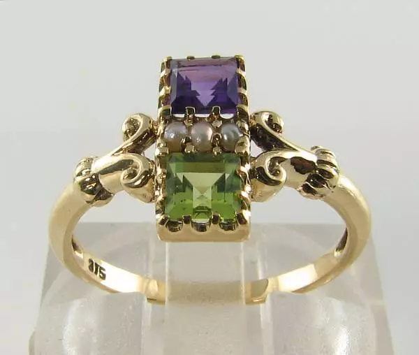 Dainty 9K 9Ct Gold Suffragette Amethyst Peridot Pearl Art Deco Ins Ring