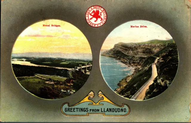 Greetings From Llandudno Marine Drive Menai Bridges postcard antique seaside