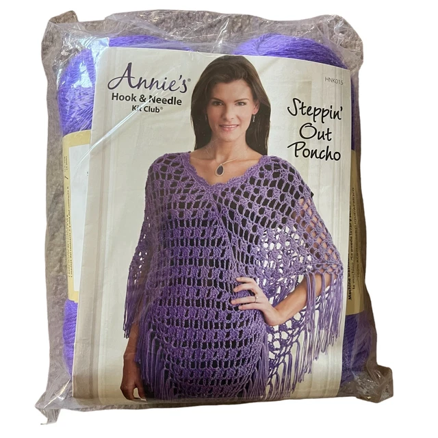 Kit de gancho y aguja Annie's Club CROCHET tejido malla encaje poncho HNK015 hilo púrpura