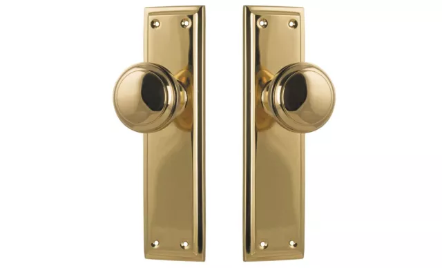 DOOR KNOBS PAIR-MILTON-POLISHED BRASS-HEAVY SOLID FORGED-TRADCO-front entrance