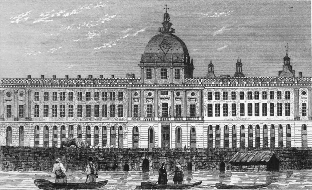 Jolie vue de l'HOTEL DIEU de la ville de LYON - Gravure du 19e siècle