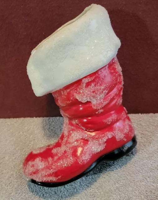 Vtg 6" Holiday Christmas Ceramic Santa Boot Decor Planter with Faux Snow Detail