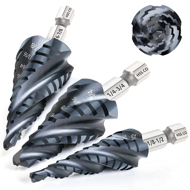 Step Drill Bit Set for Metal, Four Spiral Flute Cobalt Step Drill Bits (1/8"-7/8