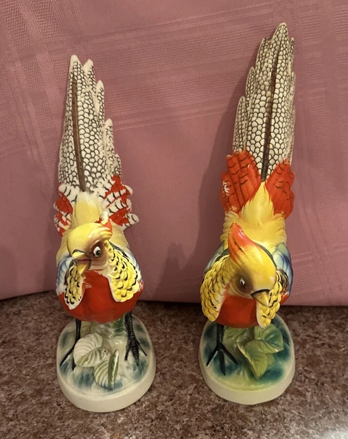 Pair of Vintage Inarco Bright Color Pheasant Figurines Ceramic 1962