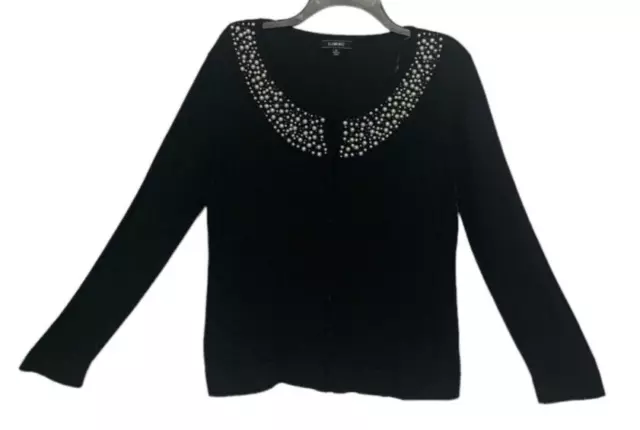 Elementz Women Sweater Cardigan Button Front Embellished Collar Black XL