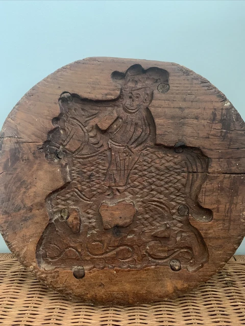 ANTIQUE 19th century hand carved large ROUND  CHEESE MOLD HORSEMAN