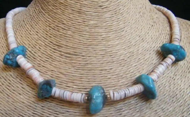 NAVAJO Turquoise Nugget NECKLACE Large Turquoise & Heishi Oyster Shell Vtg 17"