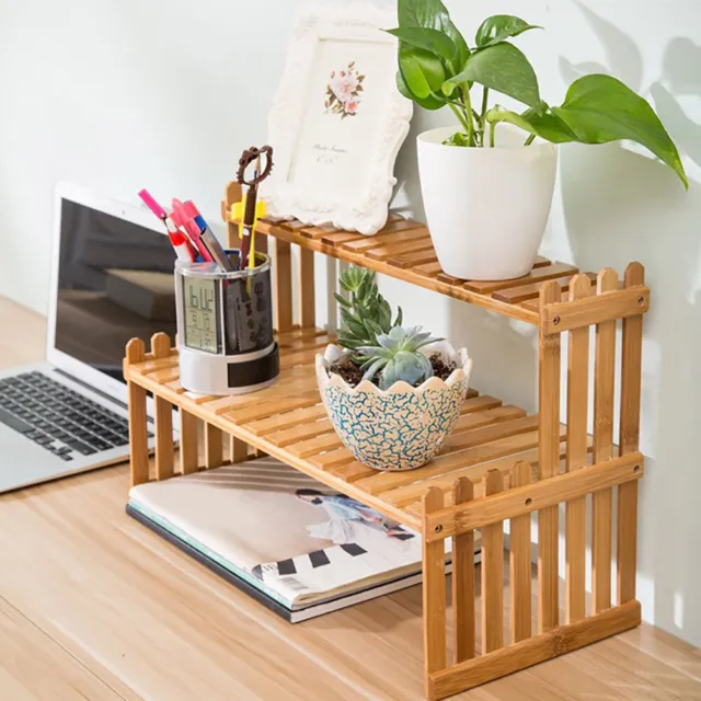 2 Tiers Bamboo Desk Storage Organizer Desktop Display Shelf Rack for Home Office 3