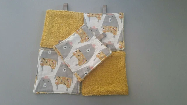 Lot de 5 lingettes lavables en coton et éponge fait main