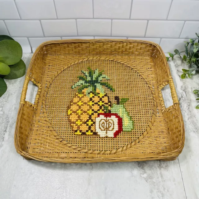 Vintage Cross Stitched Pineapple Fruit Folk Art Large Square Woven Wall Basket
