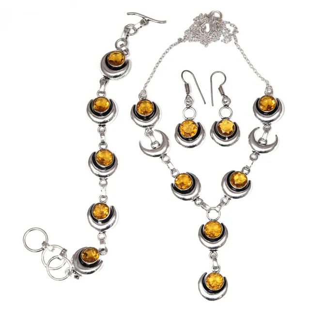 Citrine Quartz Gemstone Handmade Unisex Silver Jewelry Necklace Set 18-20''