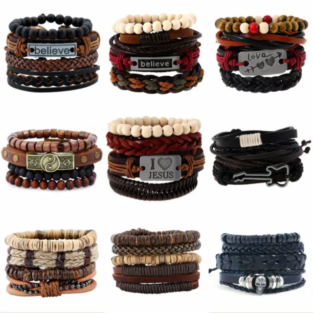 Mens Real Leather Bracelet Braided Wristband Bangle Punk Beaded Surfer Wrap Gift