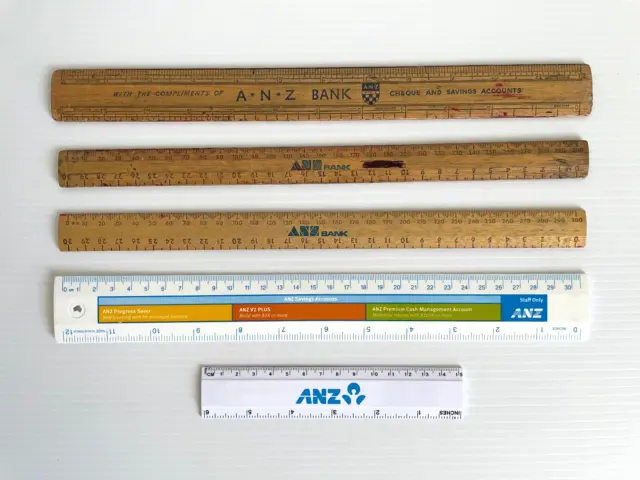 Vintage ANZ Bank Rulers x 5 various logos from various eras c1960's onward
