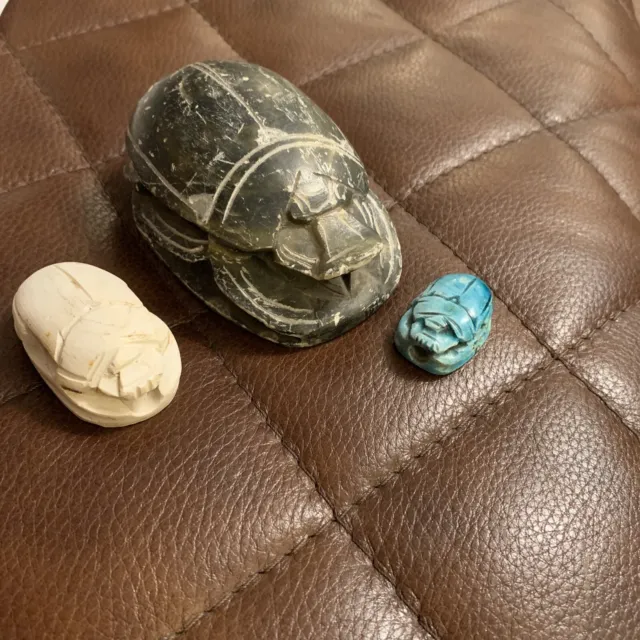 3 Paperweight Vintage Egyptian Hand Carved Stone Scarab Beetle with Hieroglyphs