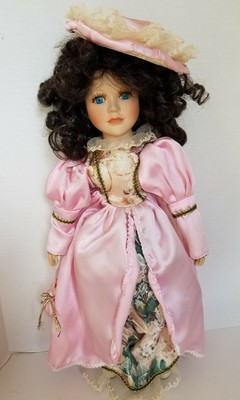 VTG Victorian Porcelain Brunette Blue Eyes Doll Pink Dress with Hat