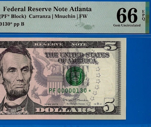 Unique 3-Digit STAR ✅ 2017-A $5 FRN ➡️ Low Serial STAR 🔴 00000130* ⬅️ PMG 66EPQ