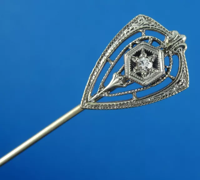 ORNATE VICTORIAN SOLID 10K GOLD SCARF STICK PIN w/ OLD CUT DIAMOND