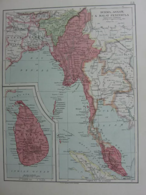 1924 Map ~ Burma Assam & Malay Peninsula Ceylon Bengal Bihar Orissa Calcutta