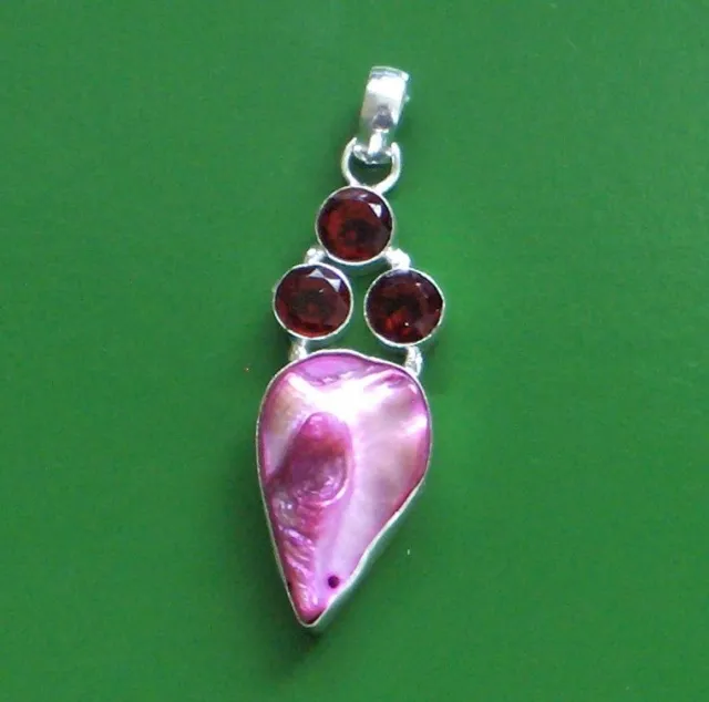 2' Pink Abalone Shell And Garnet Sterling Silver Plated Pendant