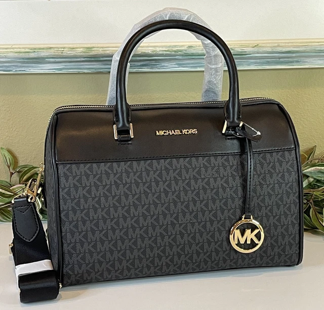 Michael Kors Travel Medium Duffle Satchel Bag Shoulder Black Leather Gold Logo