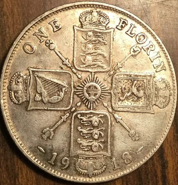 1918 Uk Gb Great Britain Silver Florin Two Shillings Coin