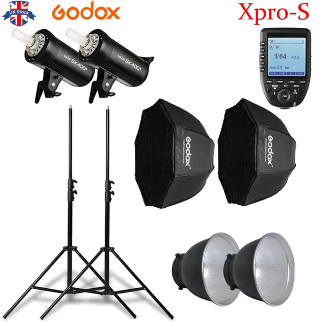 UK 2*Godox SK400II 400W 2.4G Flash+Xpro-S for Sony+95cm Grid softbox+stand Kit