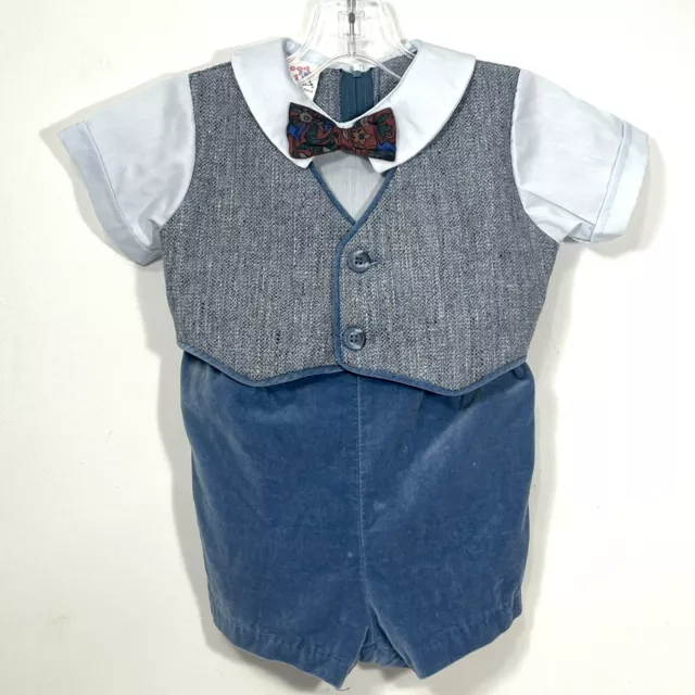 Vintage Good Lad One Piece Shorts Suit Bowtie Vest Blue Gray 18 Months