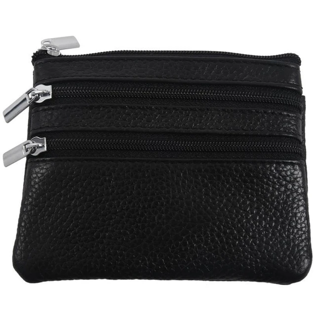 Leather Change Coin Purse with 4 Pockets and Keychain for Women Black D9F6