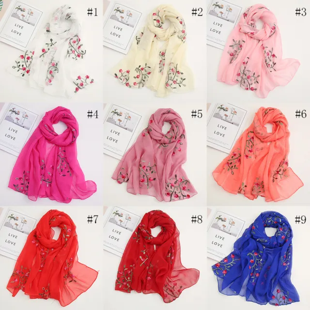 Women's Embroidered Chiffon Scarves Ladies Blossom Shawls Wraps Scarf 17 Colors