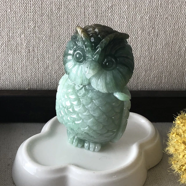 70.9mm Grade A Yellow Green Carved Owl Jadeite Jade Display Figurine