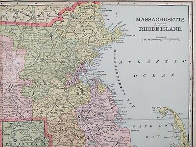 Vintage 1900 MASSACHUSETTS RHODE ISLAND Map 22"x14"  Old Antique Original BOSTON 3